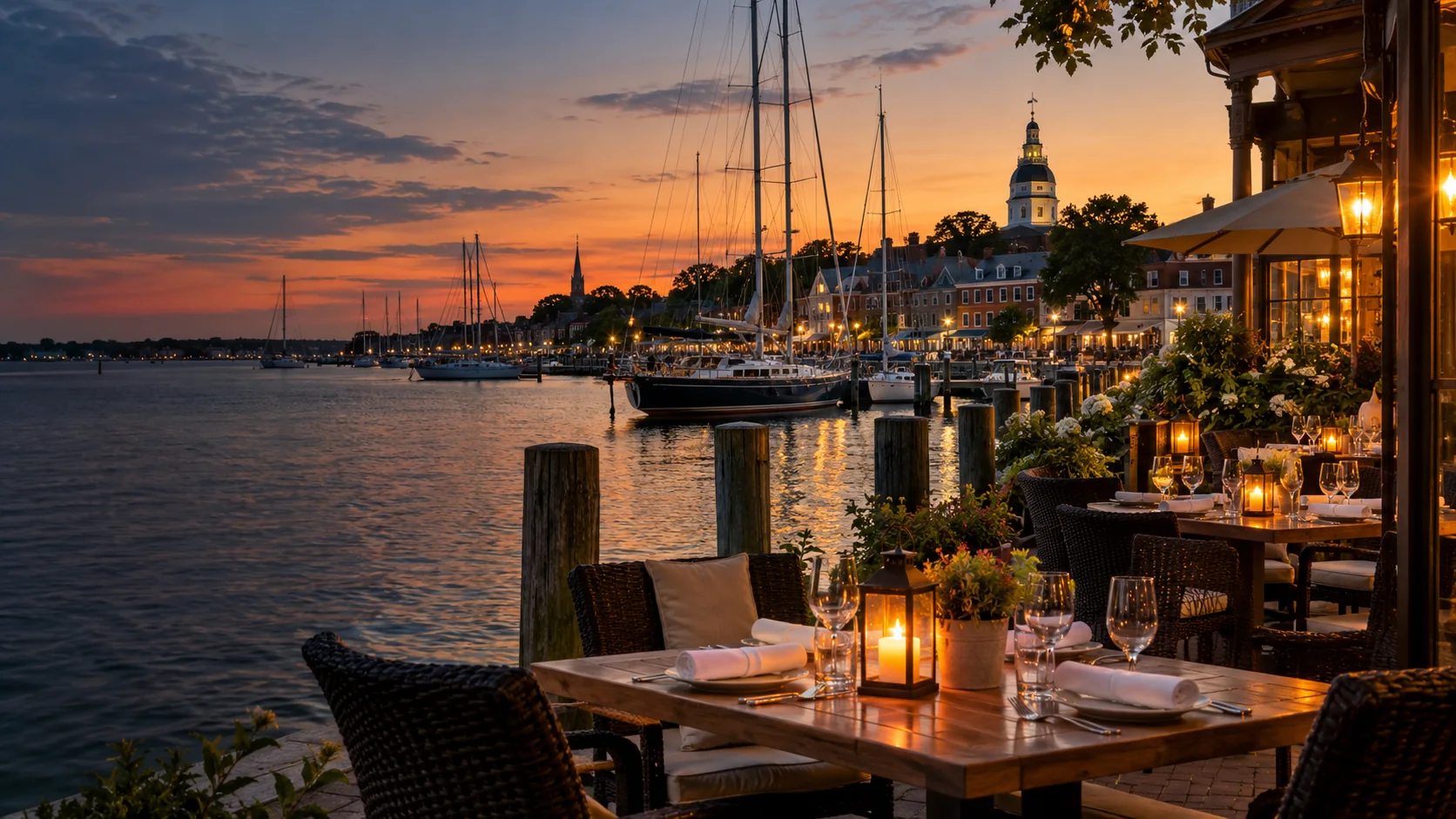 Harborfront dining at sunset in Annapolis