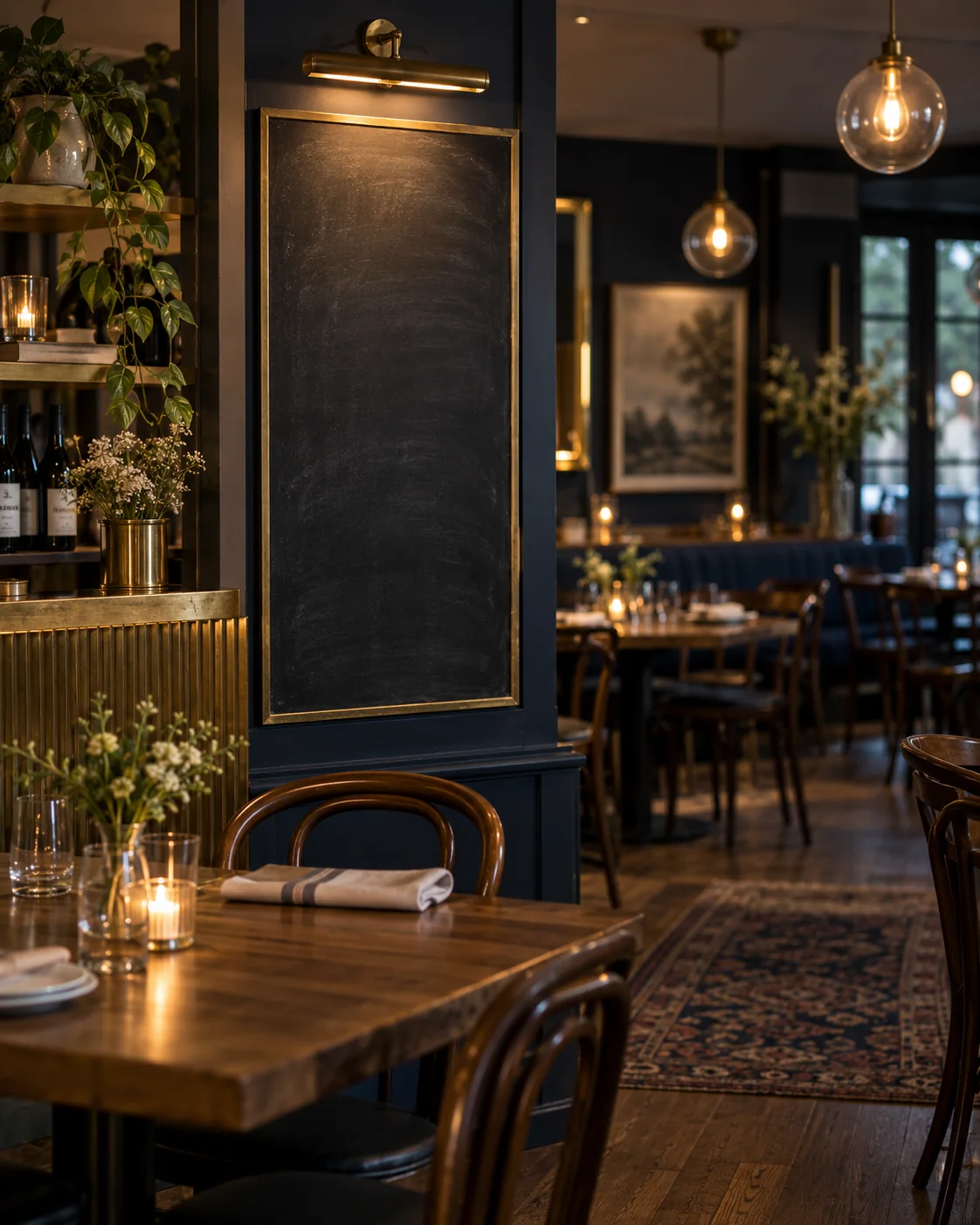 Warmly lit independent restaurant dining room